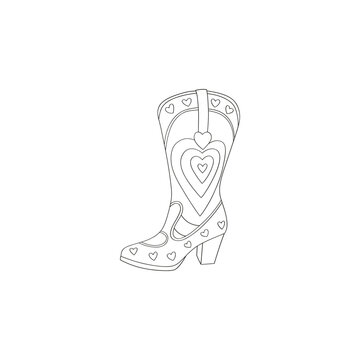 Howdy Valentines Day cowgirl heart ornament boots vector illustration isolated on white. Wild west linear colouring page female shoes print for 14 February holiday. 
