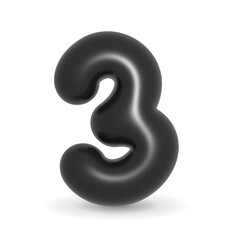 Glossy sparkly black balloon digit number Three symbol design for events. 3d tridimensional illustration isolated on white background. For Black Friday, Sales and Events.