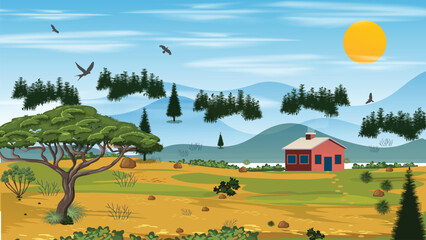 A Nature scene illustration of a house in a field with mountains in the background