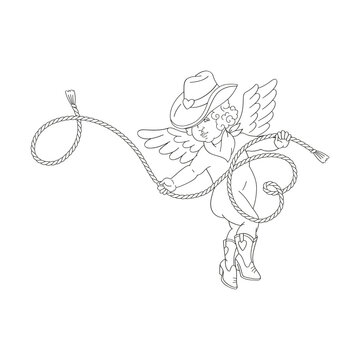 Howdy Valentines Day cowboy Cupid with heart-shaped lasso vector illustration isolated on white. Wild west linear colouring page Love Amur print for 14 February holiday.