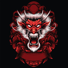 dragon head illustration with baroque ornament