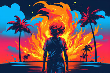 Creative illustration with a person and palm trees and fire, generated AI