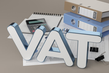 VAT tax, documents and calculator, 3D illustration - obrazy, fototapety, plakaty