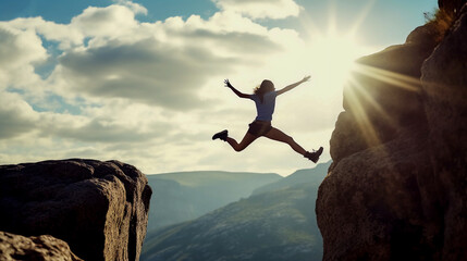 Woman jumping over cliff. Women surpass themselves. strong and dynamic woman. 