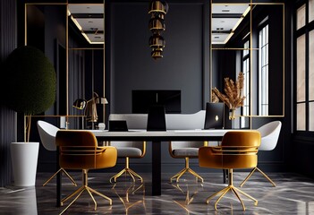 Front view on stylish work place tables with laptop behind dark chairs in spacious modern interior office with mirror walls background, golden decorated pillars and light glossy floor.. Generative AI