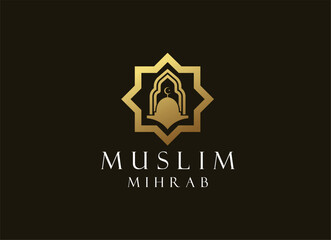 Islamic logo template, Ribbon islamic dome palace logo design template. Luxury gold tower, dome, mosque logo ideas.