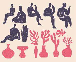 Matisse-inspired set of modern abstract women, and branches. Set of contemporary wall art. Colored flat vector illustrations of artworks with people and leaves with dust effect