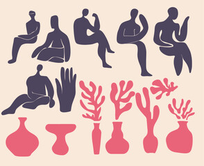 Matisse-inspired set of modern abstract women, and branches. Set of contemporary wall art. Colored flat vector illustrations of artworks with people and leaves