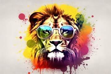 lion in sunglasses realistic with paint splatter abstract  