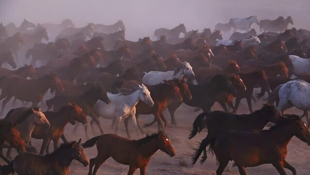 wild horses running through the dust. slow motion
