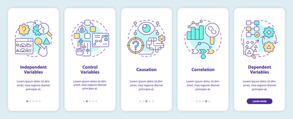 Causal research variables and principles onboarding mobile app screen. Walkthrough 5 steps editable graphic instructions with linear concepts. UI, UX, GUI template. Myriad Pro-Bold, Regular fonts used