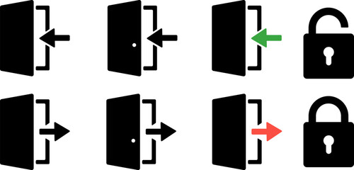 Login and logout icons. Set of sign out. Open and close door symbol. Flat design.