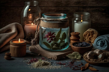 Obraz na płótnie Canvas Natural organic oils and bottles of herbal cosmetics for home spa and beauty rituals. Aromatherapy candles, flowers, and crystals add to the relaxing atmosphere. Generative AI.