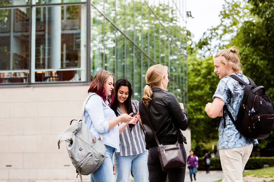 Students meeting up for study session outside library.