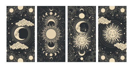 Astrology and mysticism celestial poster set, sun and moon, mystical tarot cards, flat engraving illustrations, line drawing on black background. Vector magic banner.