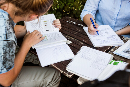 Students learning outside library during study session.