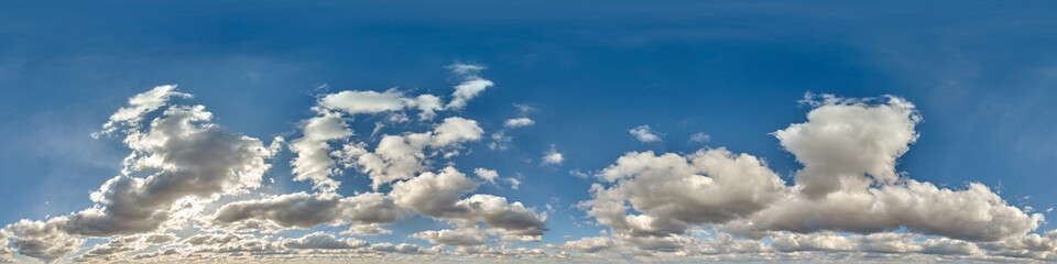 blue sky with cumulus clouds as seamless hdri 360 panorama with zenith in spherical equirectangular projection may use for sky dome replacement in 3d graphics or game development and edit drone shot