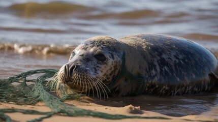 Environmental Tragedy: Grey Seal Caught in Fishing Net (AI Generated)