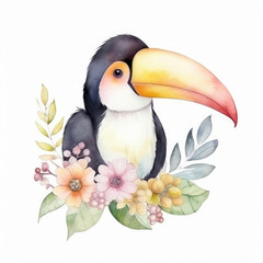 Fototapeta premium Cute watercolor toucan bird. Illustration Generative AI.