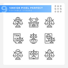 Law regulation in various industries pixel perfect linear icons set. Legal institutions. State systems. Customizable thin line symbols. Isolated vector outline illustrations. Editable stroke