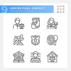 Law system and order control pixel perfect linear icons set. Jurisdiction for citizens. Court system. Customizable thin line symbols. Isolated vector outline illustrations. Editable stroke