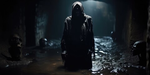 Obraz premium Death cult member wearing a horrific skull mask defiling the dead, rotting skeleton corpses deep underground in wet and muddy dark catacomb tomb corridors, dimly candle lit and scary - generative AI