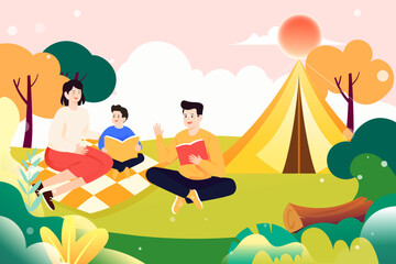 Summer couple camping outdoors with trees and plants in the background, vector illustration