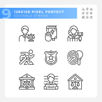 Law system and order control pixel perfect linear icons set. Jurisdiction for citizens. Court system. Customizable thin line symbols. Isolated vector outline illustrations. Editable stroke