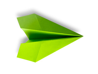 Green paper plane origami isolated on a white background