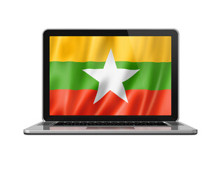 Burma Myanmar flag on laptop screen isolated on white. 3D illustration