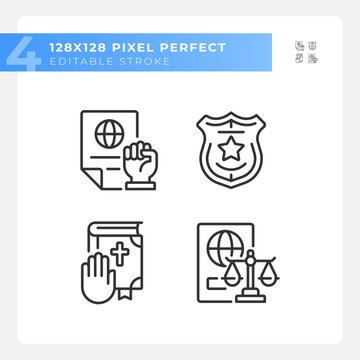 Law protecting human rights pixel perfect linear icons set. Equality in justice system. Order control. Customizable thin line symbols. Isolated vector outline illustrations. Editable stroke