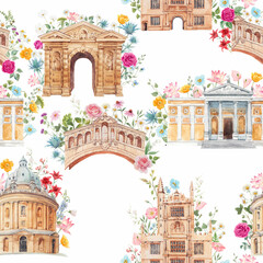 Obraz premium Beautiful seamless patrtern with watercolor hand drawn Oxford historical sites and flowers. Stock illustration.