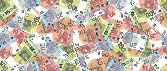 Financial illustration. Wide seamless pattern. Randomly scattered banknotes of the European Union, denomination of 10, 20, 50 and 100 euros. - obrazy, fototapety, plakaty