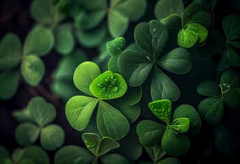 a close up of a bunch of green clovers, background full of lucky clovers, art illustration. Generative AI
