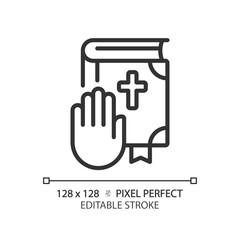 Oath on Bible in law court pixel perfect linear icon. Religious ritual in judgement. Promise of witness to tell truth. Thin line illustration. Contour symbol. Vector outline drawing. Editable stroke