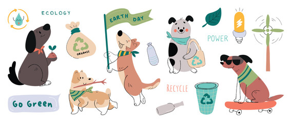 Happy Earth day concept, 22 April, cute dog vector. Save the earth with different dog breeds and recycle element. Eco friendly pet illustration design for web, banner, campaign, social media post.