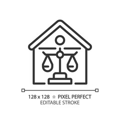 Property law pixel perfect linear icon. Real estate legal owning. Housing regulation by legislative system. Thin line illustration. Contour symbol. Vector outline drawing. Editable stroke