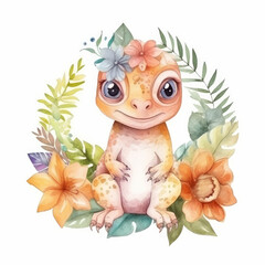 Cute watercolor iguana. Illustration Generative AI