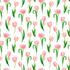 Watercolour drawing square pattern with beautiful pink tulips, detached flowers, name cards, heart tags. White background, ideal for textile printing, cards, banners