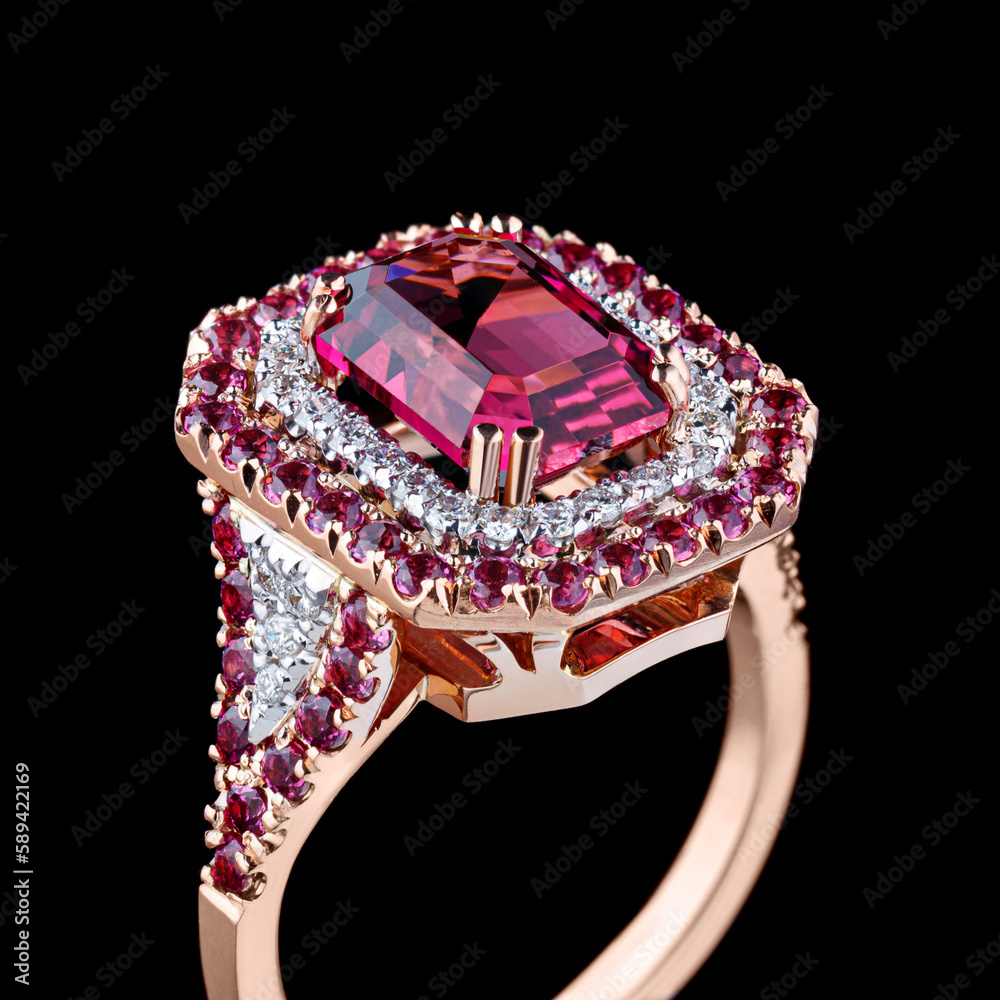 Wall mural beautiful gold ring with tourmaline and diamonds on a black background