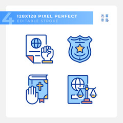 Law protecting human rights pixel perfect RGB color icons set. Equality in justice system. Order control. Isolated vector illustrations. Simple filled line drawings collection. Editable stroke