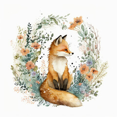 Fototapeta premium Cute watercolor fox. Illustration AI Generative