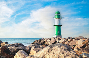 Banner with lighthouse in Warnemunde Rostock. Germany baltic sea vacation and travel destinations. Copy space for text