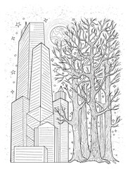 Black and white graphic illustration with city buildings and trees, hand drawn sketch for coloring