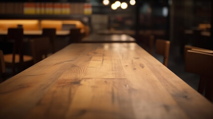 Empty wooden table in pub. Illustration AI Generative.