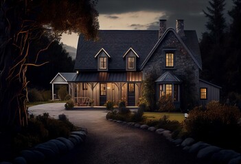 Brightly lit country house with contemporary exterior house. Generative AI