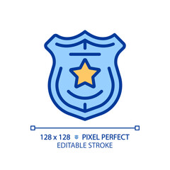 Law enforcement pixel perfect RGB color icon. Police department service. Legal activity for citizens protection. Isolated vector illustration. Simple filled line drawing. Editable stroke