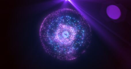 Abstract round purple sphere glowing energy magic molecule with atoms from particles and dots cosmic. Abstract background