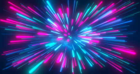 Abstract tunnel of multicolored blue purple glowing bright neon laser energy beams lines abstract background