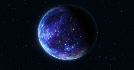 Abstract realistic space spinning planet round sphere with a blue water surface in space against the background of stars